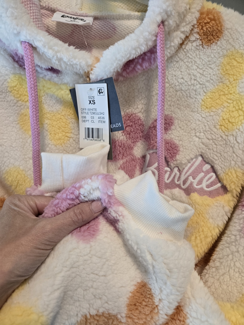 🌸NWT🌷Barbie Floral Plush Hoodie - Cream with Pink, Yellow & Orange Flowers - Picture 7 of 10